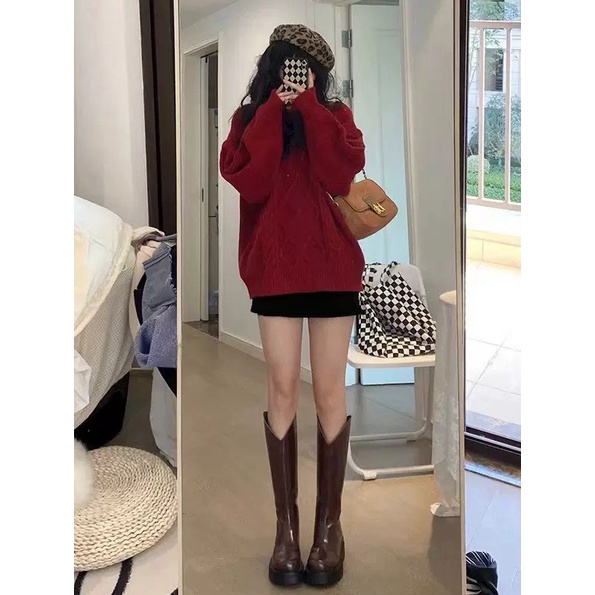 Áo len đỏ nữ SIKY cổ tròn form rộng dài tay kiểu dáng ulzzang vặn thừng mặc Tết, Noel - AL02