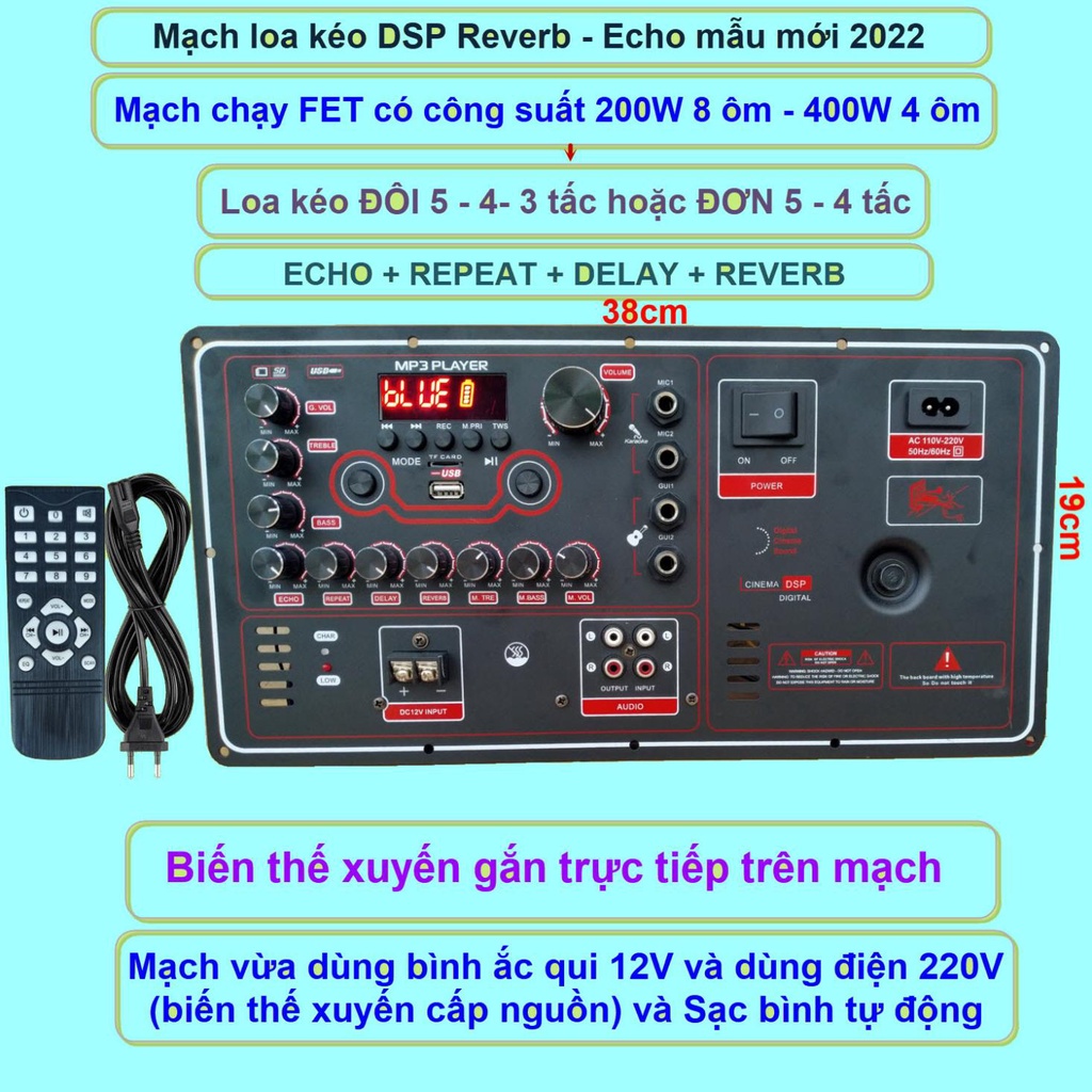 [GRTQ]Mạch loa kéo Reverb DSP chạy FET công suất 200W 8 ôm – 400W 4 ôm, loa kéo 5 – 4 – 3 tấc