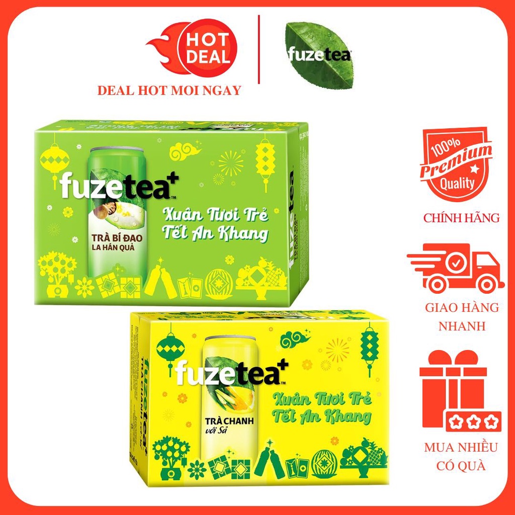 Thùng 24 Lon Trà Bí Đao La Hán Quả/Chanh Sả Đủ Vị Fuze Tea Plus 320ml/Lon