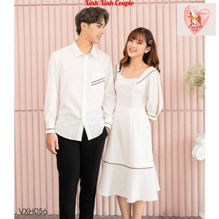 Đồ Đôi Nam Nữ, Áo Đôi Nam Nữ Đi biển đẹp, chụp hình cưới: Set áo váy sơ mi Hàn Quốc(có ảnh thật)