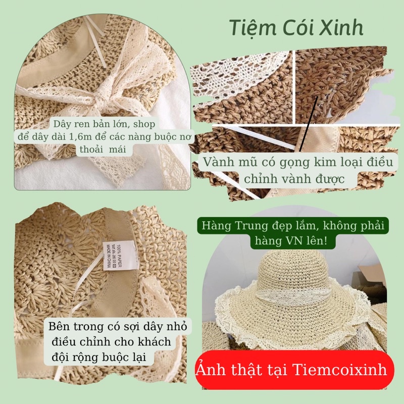 Mũ cói viền ren vành rộng dây dài thắt nơ phong cách vintage