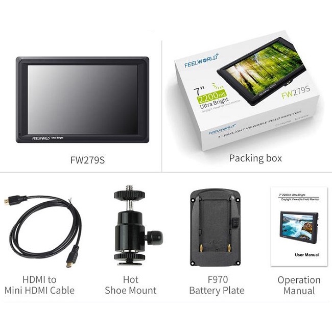 Màn hình FeelWorld 7&quot; FW279S  4K Ultra-Bright gắn máy ảnh có Loop-Through HDMI và 3G-SDI - Bảo hành 12 tháng