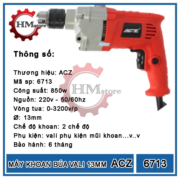 Máy khoan tường điện 13mm ACZ 6713, công suất 850w, có vali phụ kiện - Máy khoan điện, máy khoan cầm tay