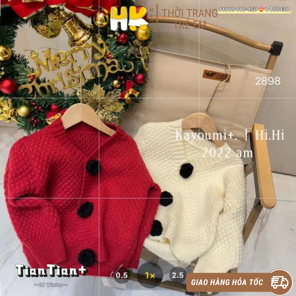 Áo len Cardigan cho bé gái HK KIDS, áo len dài tay phối cúc hoa chất len cao cấp bé mặc mùa đông sz 5-10 tuổi (mã 2898)