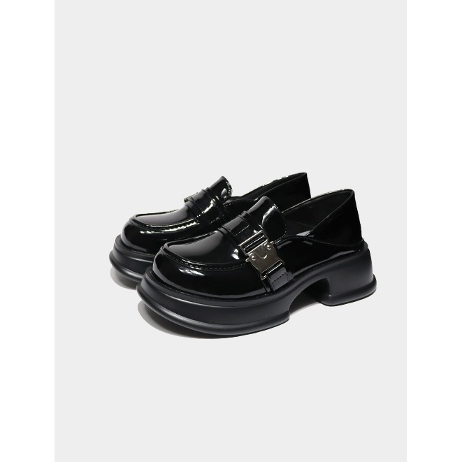 Giày Lười Da Đế Dày Mũi Tròn Phối Khóa Kim Loại Phong Cách Retro Cho Nữ