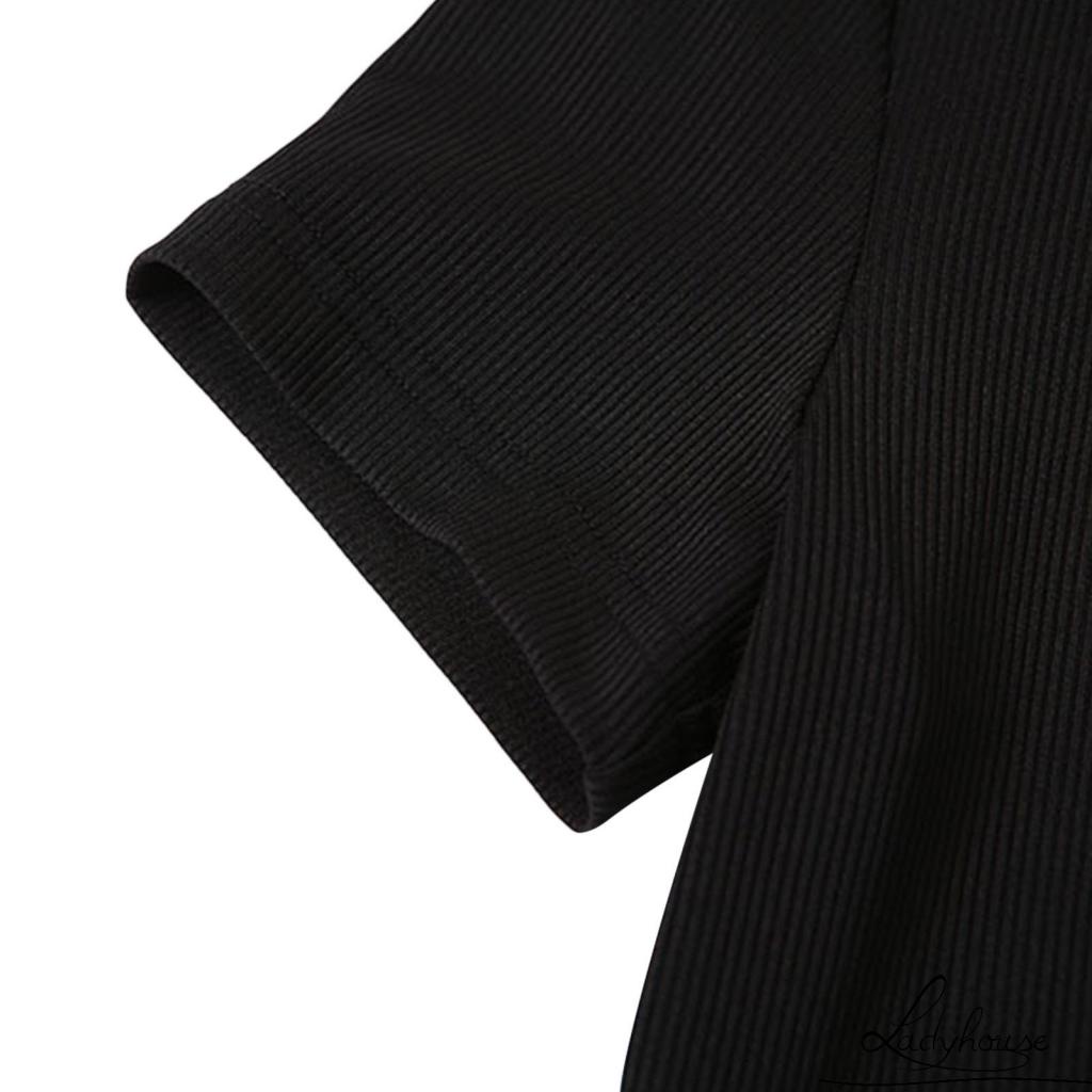 Ldd-đầm Nữ Mùa Xuân Giản Dị Màu Trơn Cài Nút Tay Ngắn Vừa Vặn Màu Đen / Kaki