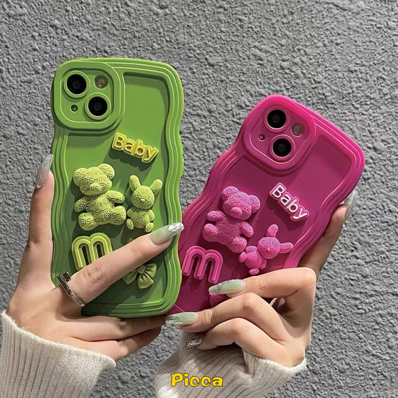 Ốp Điện Thoại Viền Gợn Sóng Hình Gấu 3D Màu Trơn Sang Trọng Cho IPhone 11 12 13 14 Pro MAX 7 8 Plus XR 14 Plus X XS MAX