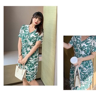 Đầm cổ tim họa tiết xanh trắng nhún big size lớn 60-85kg