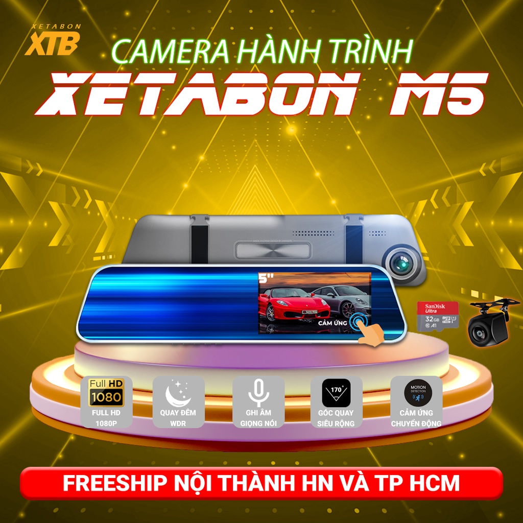 Camera hành trình ô tô M5 có gương chiếu hậu cảm ứng 5 inch full HD, hỗ trợ đỗ xe, lắp đặt dễ dàng bảo hành 12 tháng