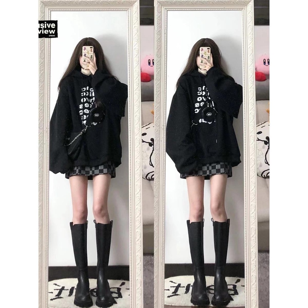 Set Áo Hoodie Phối Chân Váy Ngắn Họa Tiết Sọc Ca Rô Phong Cách Hồng Kông Thời Trang Thu Đông 2023 Xinh Xắn Cho Nữ