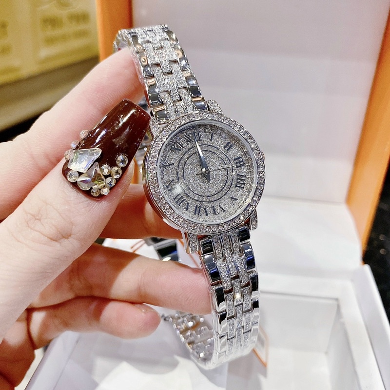 Đồng hồ nữ chính hãng Davena 61620 mặt tròn đính đá dây kim loại đính đá siz 29mm