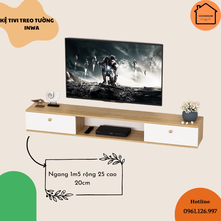 Kệ tivi treo tường 2 hộc tủ cất giữ đồ vật tiện lợi