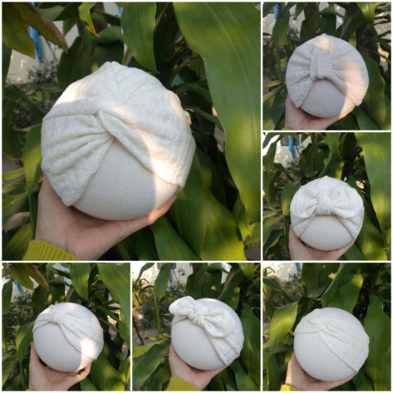 Mũ Turban Băng Đô Len Màu Trắng Hàn Mềm Mịn Co Giãn Ấm Cho Bé