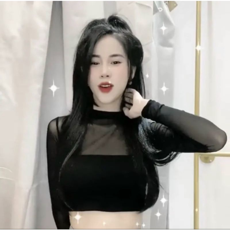 Áo thun croptop lụa phối lưới xinh xắn hot girl