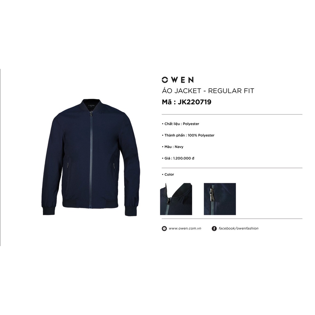 Áo khoác nam cao cấp Owen JK220719 Jeacket bomber 2 lớp màu navy trơn dáng suông bo cổ tay và gấu vải polyester
