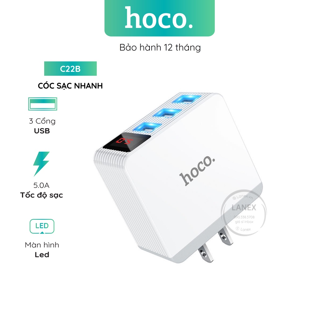 Cóc Sạc Nhanh Hoco C22b Max 3 Cổng Usb 5a Màn Hình Led