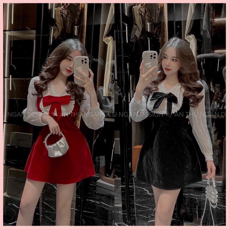BIGSIZE HIẾU HIẾU ( Đầm nhung nơ ren dáng ngắn tay dài 55-100kg )