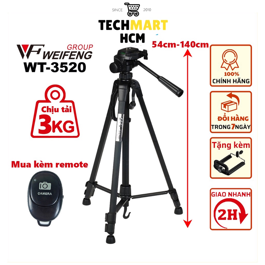 Chân Máy Ảnh Tripod Weifeng WT-3520, khung nhôm cao cấp, cao 1.4m chịu tải 3kg hỗ trợ chụp ảnh, quay video, livestream
