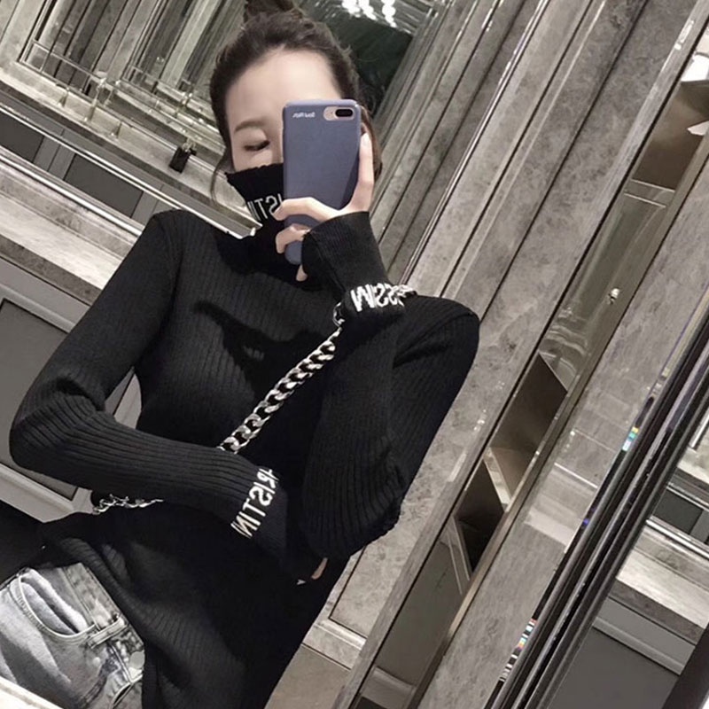 Áo Len Tay Dài Cổ Cao In Chữ Phong Cách Hàn Quốc Thời Trang Cho Nữ