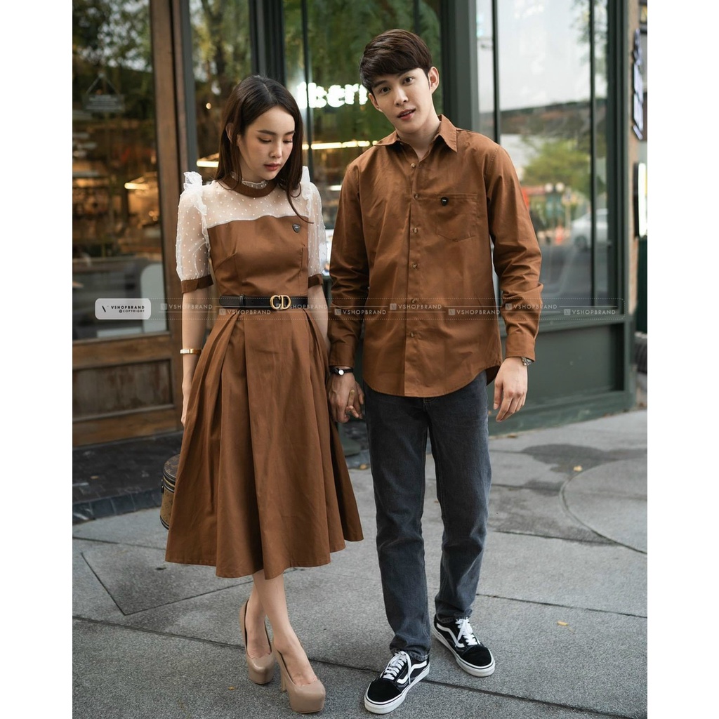 Váy áo đôi nam nữ màu nâu phối tay lỡ thiết kế sang trọng phong cách phù hợp dụ tiệc chụp hình cưới