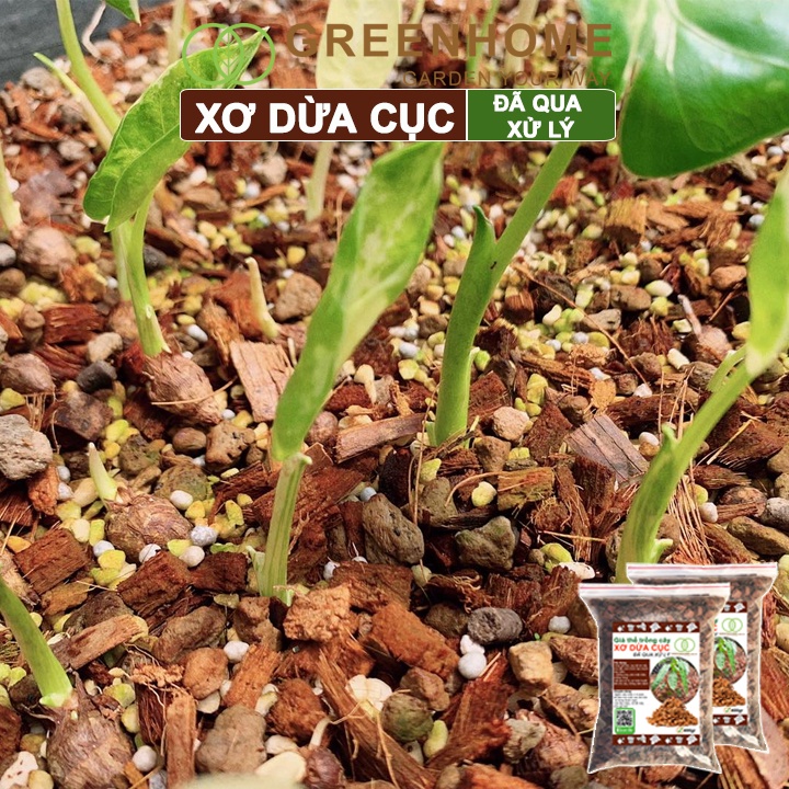 Xơ Dừa Cục Đã Qua Xử Lý Greenhome, Size 1-2cm, Bao 400gr, Giá Thể Kiểng Lá, Phong Lan