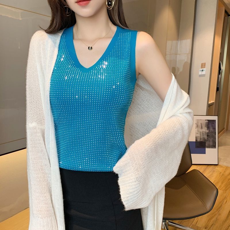Áo Dệt Kim Sát Nách Cổ Chữ V Đính Kim Cương Giả Thời Trang Mùa Hè Cho Nữ 45%