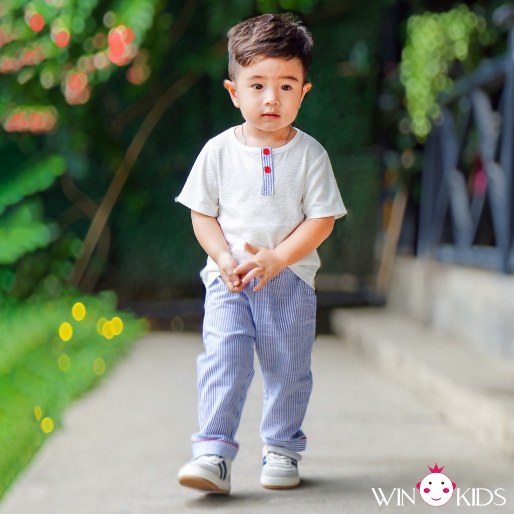 Set bộ bé trai quần dài sọc xanh 10-19kg Thời trang trẻ em WINKIDS chuyên quần áo cho bé