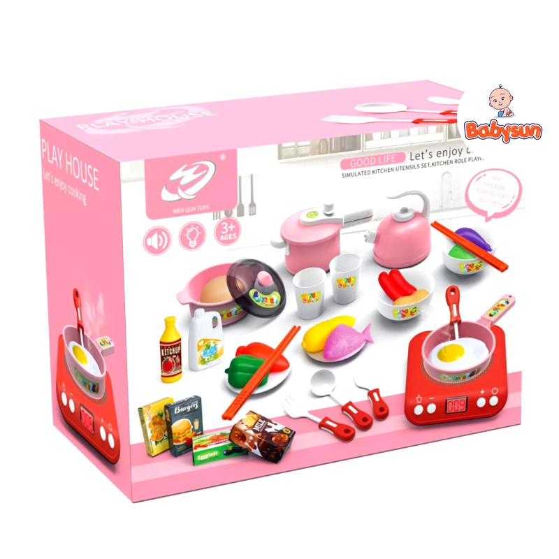Đồ chơi nấu ăn 36 món có bếp, đèn và nhạc giống như thật, bộ đồ chơi nấu ăn dành cho bé 2-8 tuổi