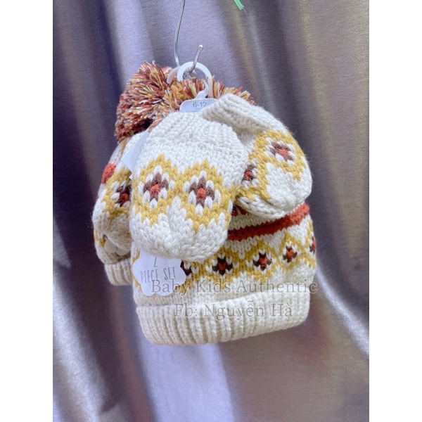 Set mũ len +găng tay lót nỉ cho bé sz 6/12m 12/18m