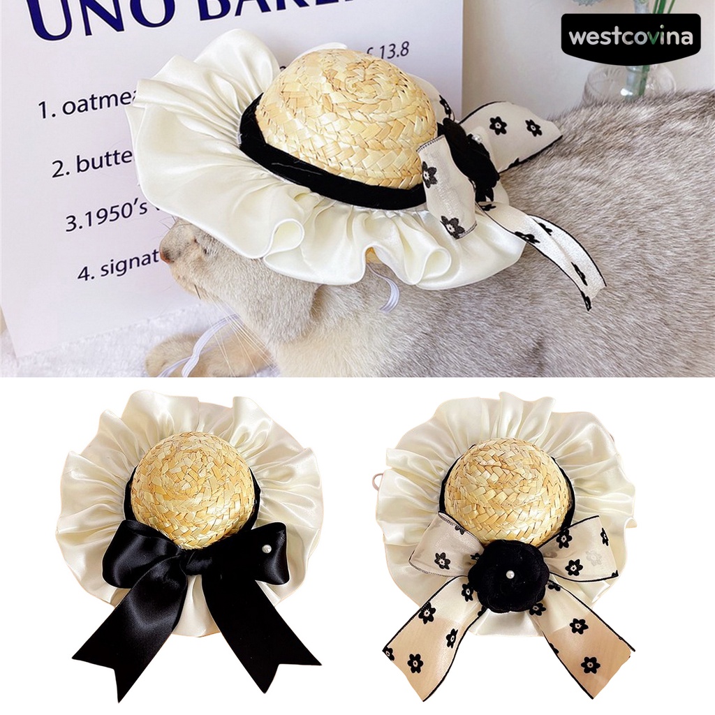 [COD]♘Mũ Cói Che Nắng Đính Nơ Viền Bèo Dễ Thương Thoải Mái Cho Thú Cưng