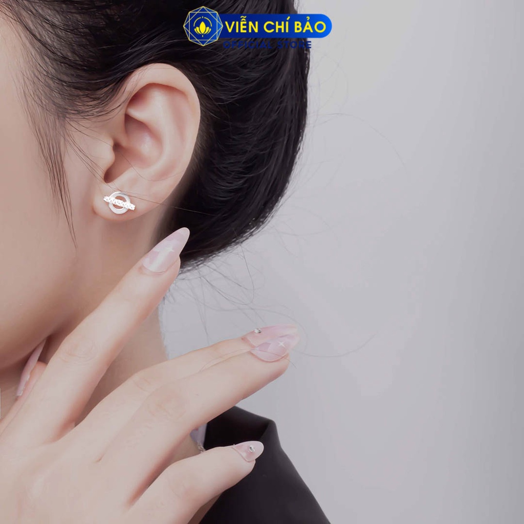 Khuyên tai bạc nữ tròn thanh ngang đính đá chất liệu bạc 925 thời trang phụ kiện trang sức Viễn Chí Bảo B400771