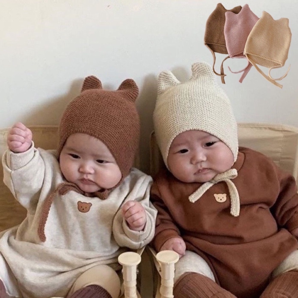Babyfair. Mũ Dệt Kim Cho Trẻ Sơ Sinh Màu Tinh Khiết Với ​​Dây Buộc Tai Gấu Dễ Thương Đáng Yêu Bé Mùa Xuân  Thu