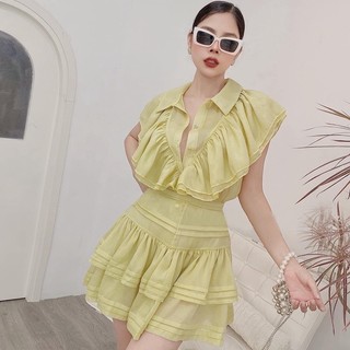 Set đầm váy nữ áo bánh bèo voan tơ chân hai tầng chữ V tôn dáng Sol Sol 01