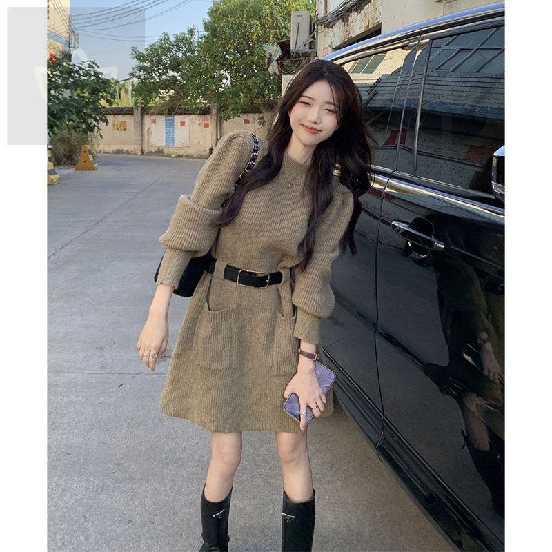 Đầm Sweater Dệt Kim Ôm Eo Kiểu Pháp Thời Trang Mùa Đông Cho Nữ