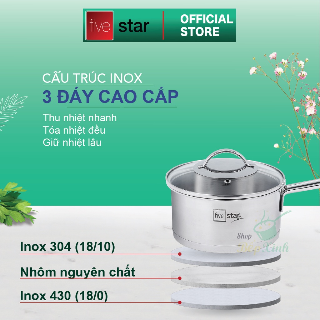 Bộ nồi quánh 3 đáy inox 304 FiveStar Plus kiểu Silit 5 chiếc nắp kính (quánh16cm xN16cmx2N 20cm x1N24cm