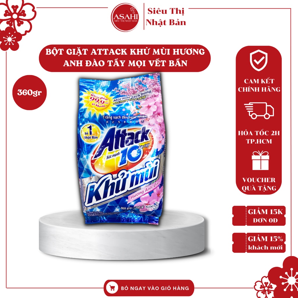 Bột giặt khử mùi attack Nhật Bản 360gr bột giặt hương hoa anh đào tẩy sạch vết bẩn ố vàng - ASAHI MART
