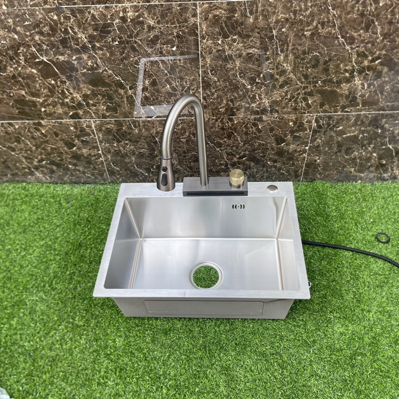 Combo chậu rửa chén P60x45cm inox sus 304 kèm vòi nóng lạnh, rút dây xả thác
