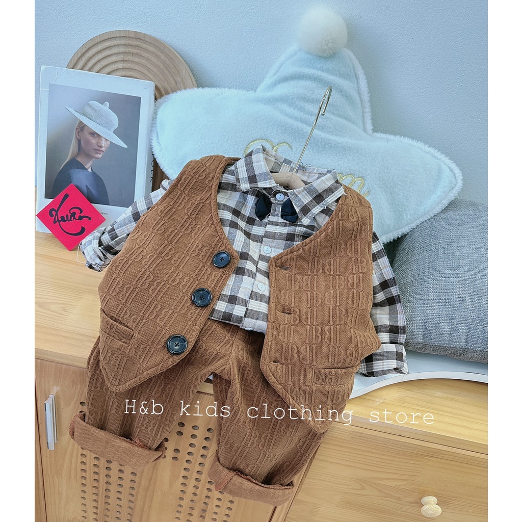 Bộ vest 3 chi tiết kèm nơ cho bé trai từ 8-18kg diện Lễ, Tết- Bộ vest nhung bé trai- Bộ gile bé trai Kidbabyonline K167