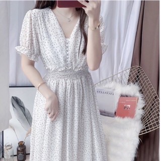 Đầm midi dạo phố bi trắng nút bọc dáng xoè (kèm hình thật)