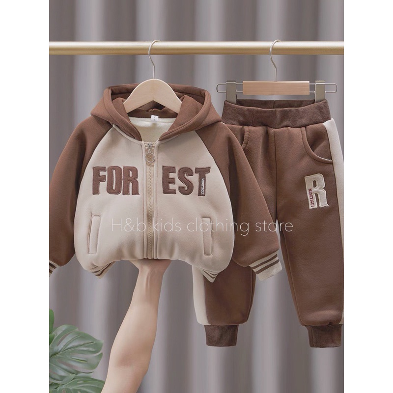 Bộ nỉ FOREST cao cấp dày dặn phong cách hàn quốc cho bé trai, bé gái 10- 20 kg