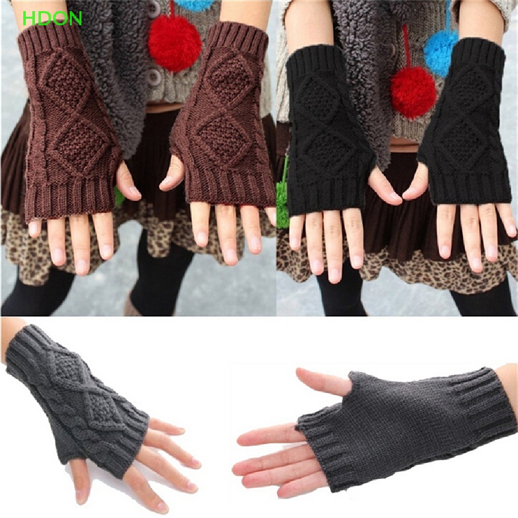 HD Fashion Unisex Men Women Arm Warmer Fingerless Knitted Long Gloves Cute Mittens ON
