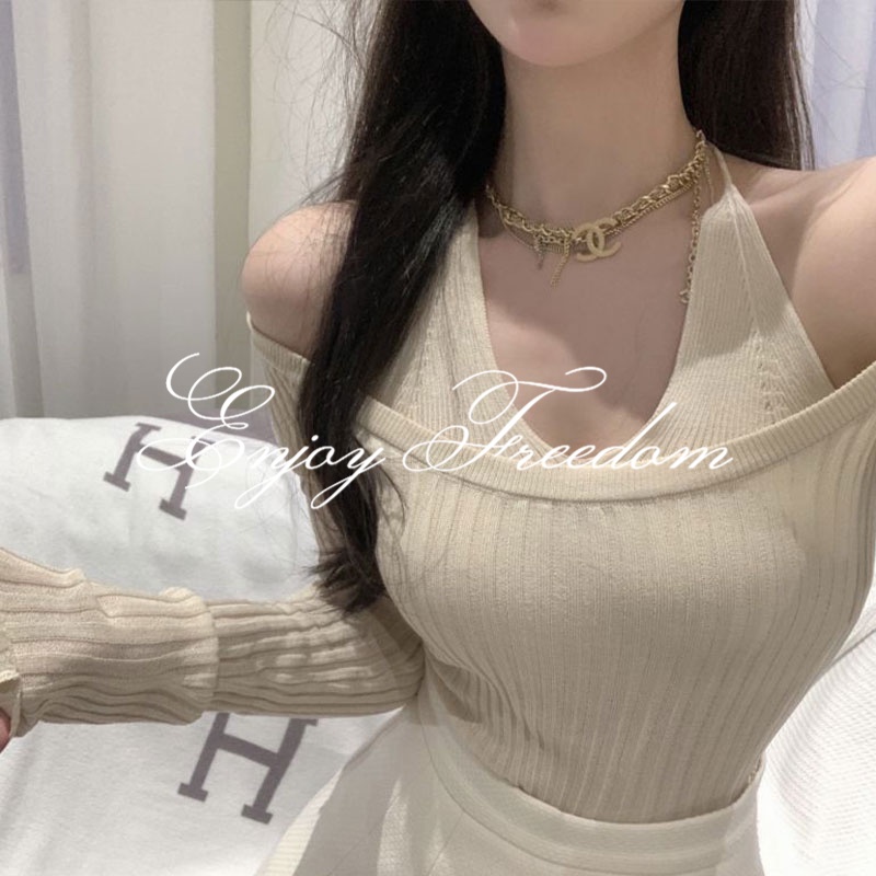 Áo Dệt Kim Tay Dài Cổ Yếm Quyến Rũ Thời Trang Cho Nữ