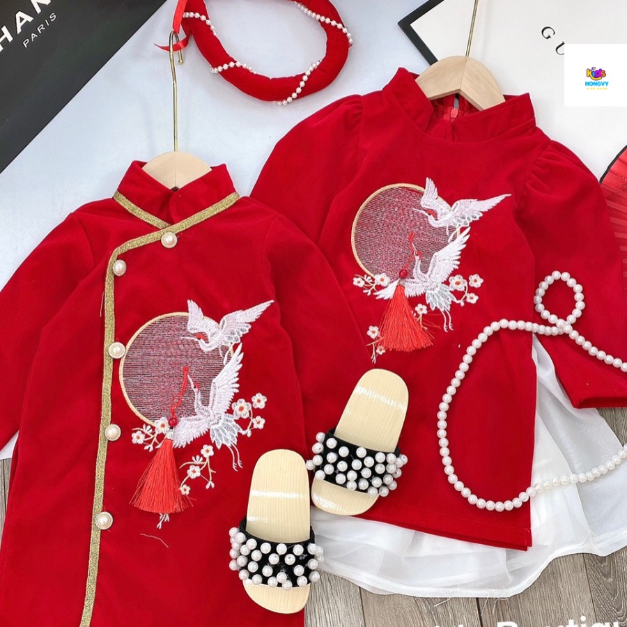 Áo dài cách tân cho bé trai, bé gái  chất liệu nhung cao cấp hongvybaby