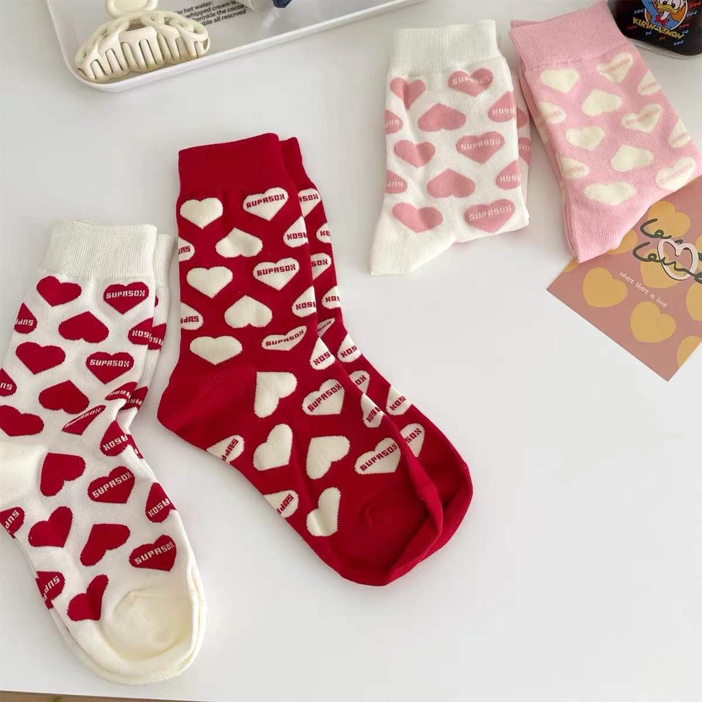 Tất vớ nữ cổ cao siêu co giãn phong cách Hàn quốc, Tất giữ ấm chân họa tiết tim màu sắc đỏ hồng dễ thương cho bạn gái