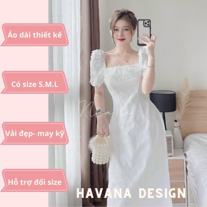 Áo dài trắng cách tân , hàng thiết kế có size, kiểu cổ vuông tay phồng đính hoa nổi, áo dài tết đẹp, chất gầm in nổi