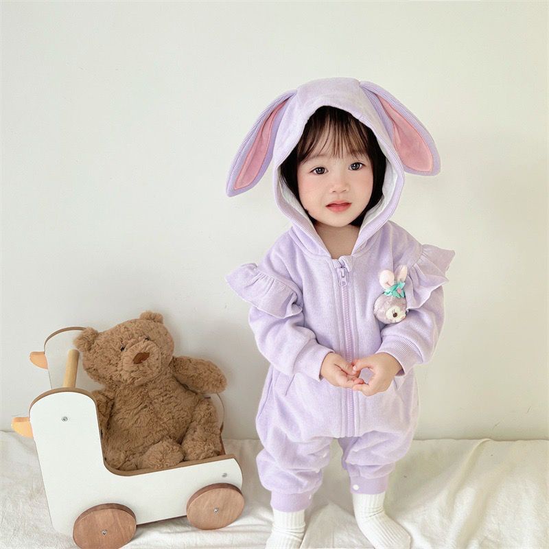 Áo Liền Quần Tay Dài Có Nón Bằng Vải Cotton Dễ Thương Dành Cho Bé Gái 0-3 Tuổi