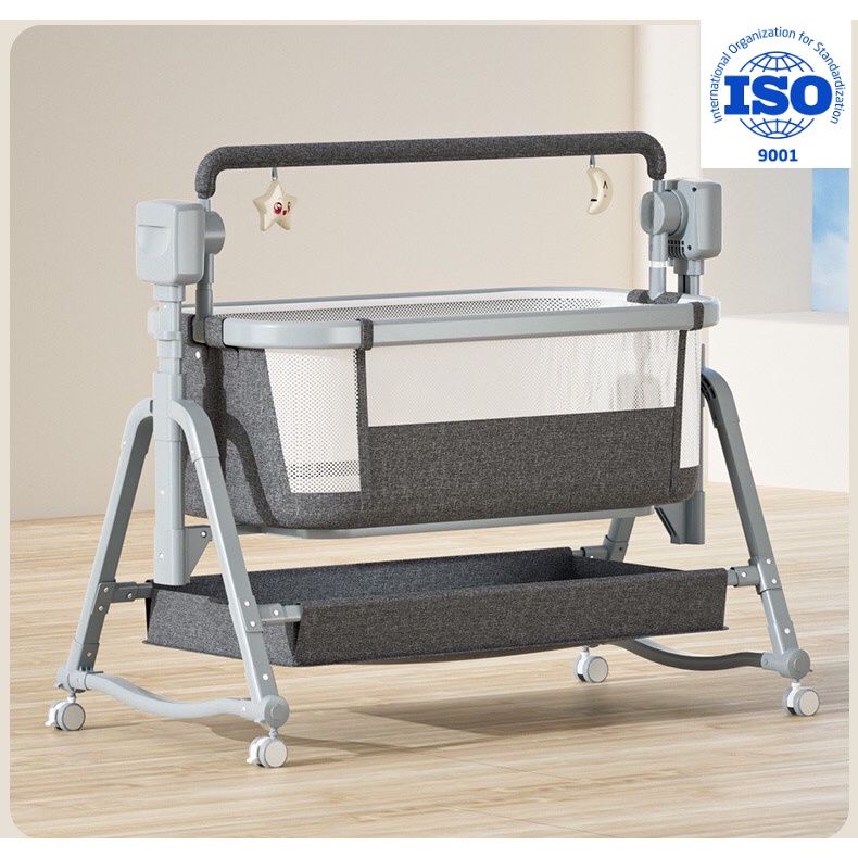 Nôi cũi điện cho bé 3in1 BabyBed đưa tự động, điều khiển từ xa, bluetooth phát nhạc, chuẩn ISO 9001, kèm màn
