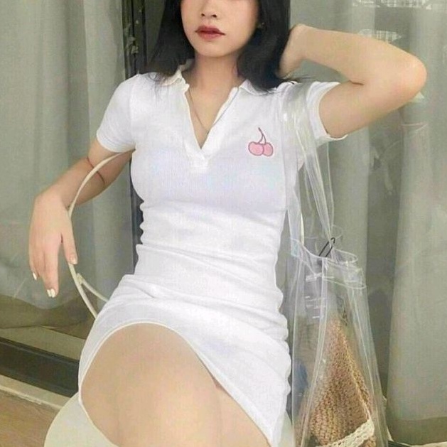 Đầm body cổ trụ ôm thêu hình quả cherry (BC)