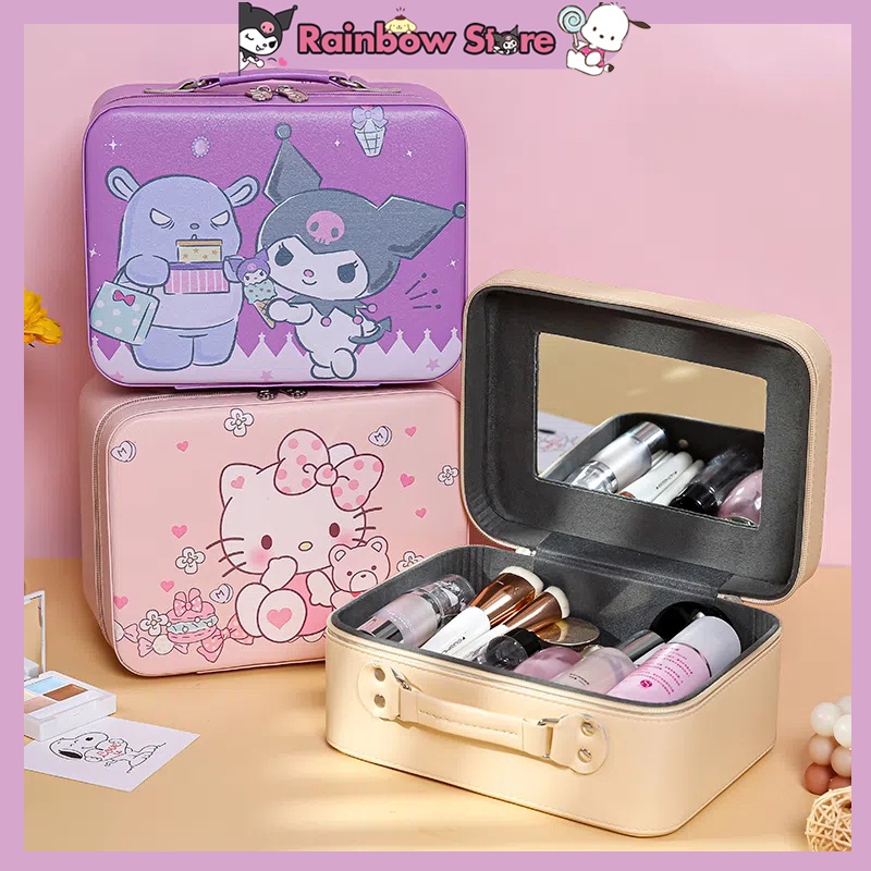 Hộp Đựng Mỹ Phẩm Để Bàn Chất Liệu Da PU Có Gương Họa Tiết Kuromi Dễ Thương