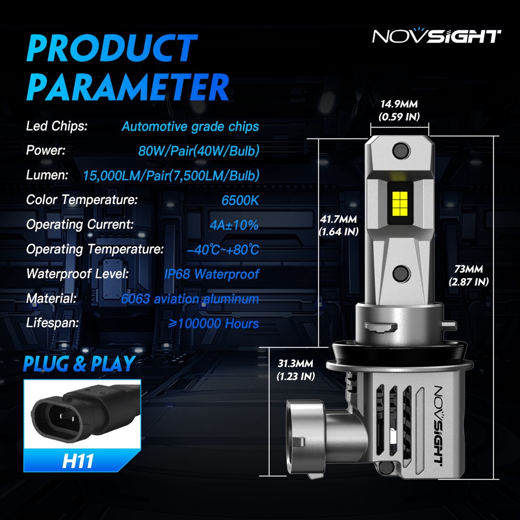 Set 2 bóng đèn pha LED NOVSIGHT N66 H11 80W 15000LM 6500K siêu sáng dành cho xe hơi